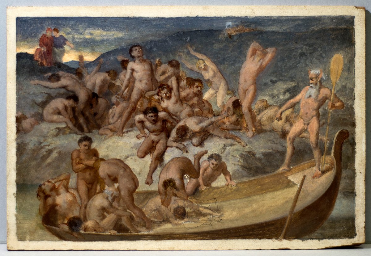 Pittore simbolista del XIX secolo. Caronte traghetta le anime dannate attraverso il fiume Stige-photo-2