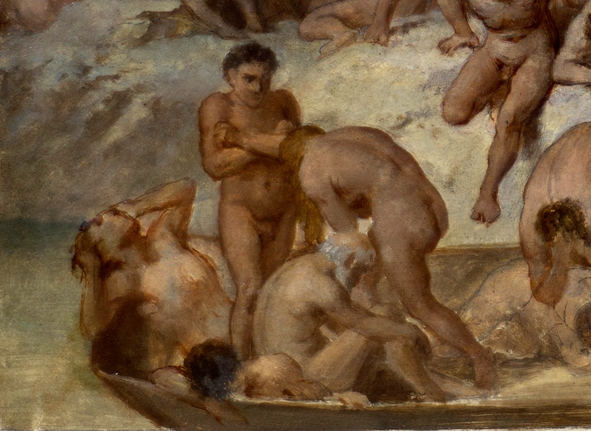 Pittore simbolista del XIX secolo. Caronte traghetta le anime dannate attraverso il fiume Stige-photo-3