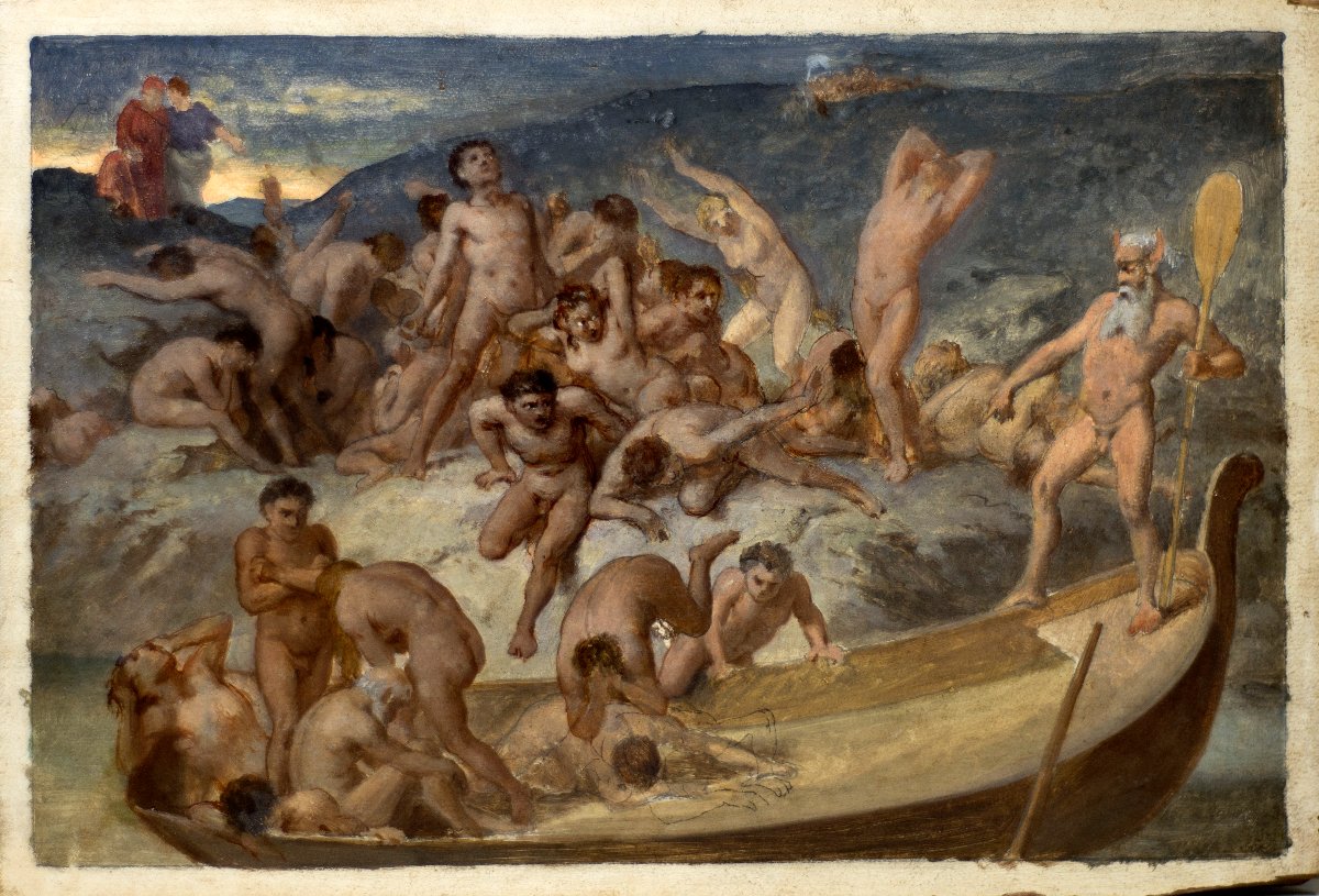 Pittore simbolista del XIX secolo. Caronte traghetta le anime dannate attraverso il fiume Stige