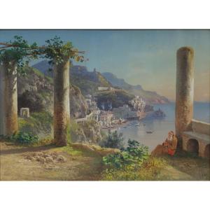 Guglielmo Giusti (Napoli 1824 - dopo il 1916). Veduta di Amalfi dal convento dei Cappuccini. 