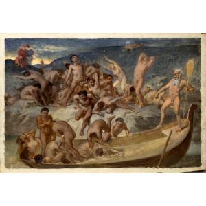 Pittore simbolista del XIX secolo. Caronte traghetta le anime dannate attraverso il fiume Stige