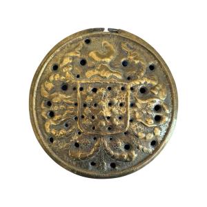 Engraved Basin Lid – Fleur De Lys Coat Of Arms & Knight’s Helmet – Early Period