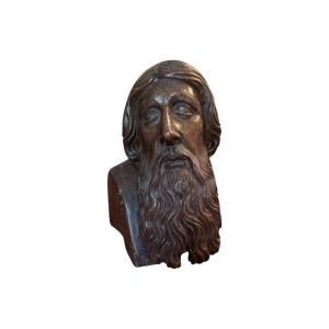 Sculpture - Bust Of Christ In Carved Wood, Wooden Head - French School - Folk Art