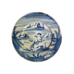 Ceramic - Majolica Plate - Savona - Cherub Decoration - Angel, Italy - Blue And White