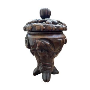 Carved Tobacco Jar – “the Blacksmith And The Soldier” – Folk Art – Military Decor – Curiosity