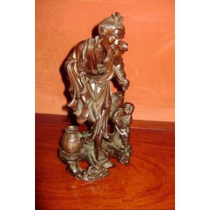 Wooden Okimono. Old Fisherman And Child. China 1920-30