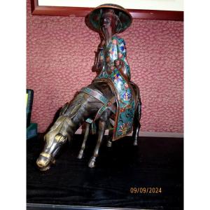 Imposing Okimono. Cloisonné, Toba On His Mule. Japan Meiji Period (1868-1912)