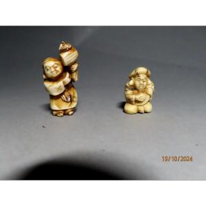 Two Ivory Netsuke. Daikoku And Daikoku. Japan Meiji Period (1868-1912)