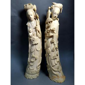 Two Ivory Okimono. Gwan-yin With Girls And Child. Japan Taisho Era (1912-1928)
