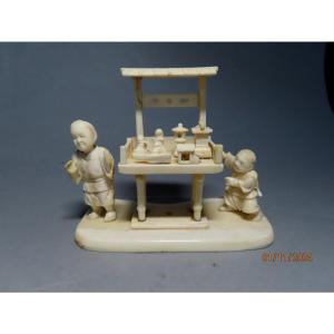 Ivory Okimono. Karako And Toys. Signed Shin'yuki' 心之 . Japan Meiji Period (1868-1912)