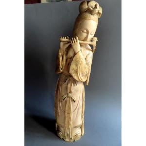 Large Ivory Okimono. Sakuachi Player. Japan Meiji Period (1868-1912)