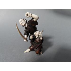 Wood And Ivory Okimono. The Samurai Apprentice. Japan, Taisho Period.