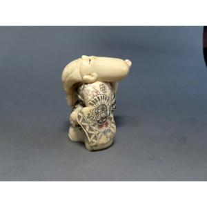 Ivory Okimono. Fukurokuju On A Walk. Japan Taisho Period (1912-1928)