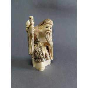 Ivory Okimono. Jurojin. Signed Shozan. Japan, Taisho Period (1912-1928)