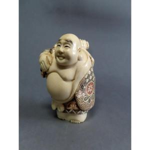 Ivory Okimono. Hotei And His Bag Of Riches. Japan, Taisho Period (1912-1928)