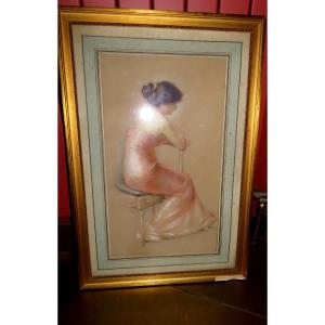 Gaston Bouy (1866-1943) - Young Woman Seated. Pastel Framed Under Glass.