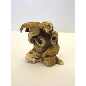 Ivory Netsuke. Cormorant Fisherman. Gyokuyuki. Japan, Meiji Period (1868-1912)