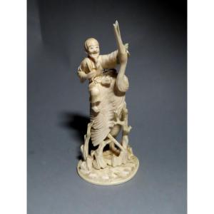 -ivory Okimono. Immortal On The Back Of A Crane. Signed Gyokuichi. Japan, Meiji Period.