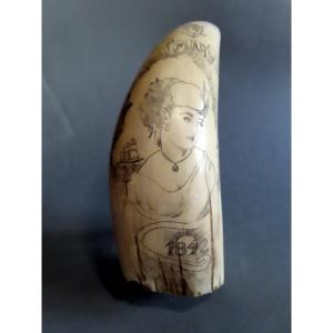 Scrimshaw To The Beautiful Woman. Large Sperm Whale Tooth, 19th Century.