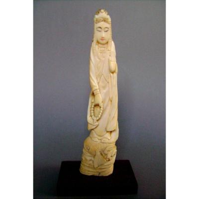Ivory Okimono. The Goddess Kannon On A Koi Carp. Japan Early Twentieth.
