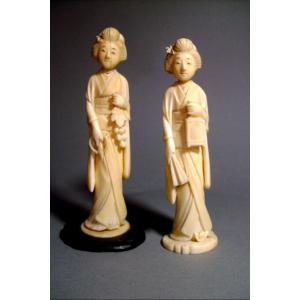 Two Ivory Okimono. The Winegrower And The Geisha. Japan Meiji Period (1868-1912)