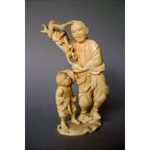 Ivory Okimono. The Fishermen And The Dragon. Signed Tadakazu, School Of Oasaka Japan XIXth