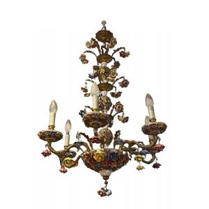 Chandelier With 6 Arms In Porcelain And Bronze