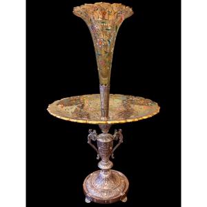 19th Century Centerpiece In Polychrome Glass And Solid Silver