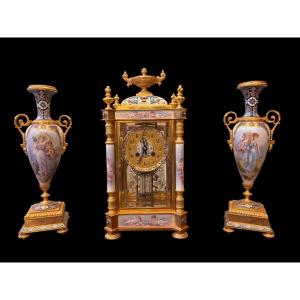 Louis XVI Mantelpiece Set, Painted Porcelain Signed Lefranc, Cloisonné Bronze