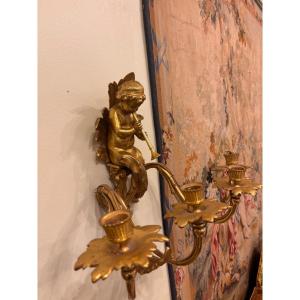 Pair Of Gilt Bronze Wall Sconces, Musical Cherubs – 19th Century