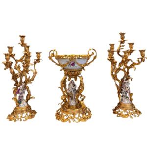 19th Century, Gilt Bronze And Porcelain Mantelpiece In The Meissen Style