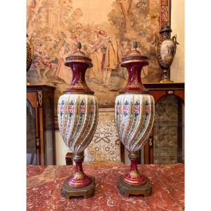 19th Century In The Sèvres Style Pair Of Covered Porcelain Vases, Gilt Bronze Mounting