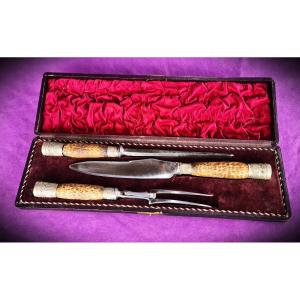 Box With Set Of Cutting Tools For Game , Hilts Made Of Deer Antler.