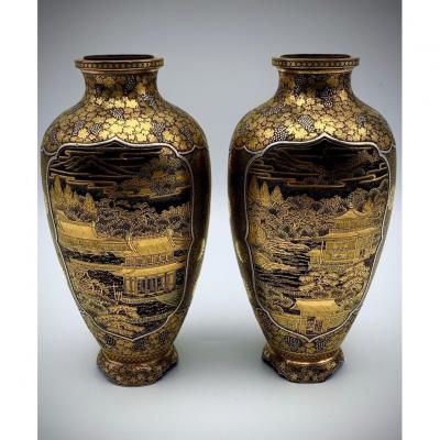 Exceptional Pair Of Vases Inlaid With Iron, Gold And Silver By Komai Otojiro. Late 19th Century