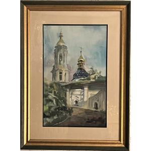 Russian School Around 1950 Watercolor "monastery In Kyiv"