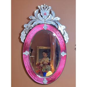 Pink Oval Venetian Mirror From The 1970s