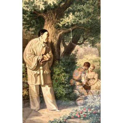 "pierrot Surprising Arlequin And Colombine". Watercolor, Belin Auguste 1871