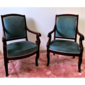Pair Of Mahogany Armchairs, Restoration Period - Early XIX Century