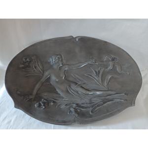 Jean Garnier Low Relief Cup In Tin, Art Nouveau Period, Young Girl And Cherub.