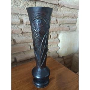Art Nouveau Vase Trench Work Chiseled Shell Casing With Medal Patina