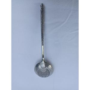 Large Caviar Spoon Russian Silver Vermeil Niello, Cyrillic 1878 Fedor Ivanov XIXth