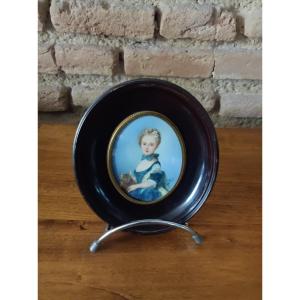 Little Girl With Cat Miniature Portrait On Ivory In Blackened Wooden Frame Signed Dattuis 19th Century