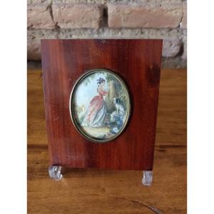 Young Girl With Dog Miniature On Porcelain In Rosewood Frame Signed Aler 19th Century