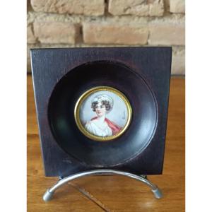Baroness De Staël-holstein Miniature Portrait On Ivory Blackened Wood Frame Signed Lenoir 19th Century