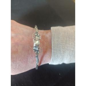 Ginko Bracelet Signed Paul Dumont, Art Nouveau Period, Pearl And Silver, Circa 1910