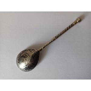 Russian Silver Caviar Spoon With Twisted Niello Decoration, Moscow, 19th Century 
