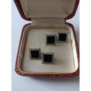 Art Deco Cufflinks In Platinum, Rose-cut Diamonds, Onyx And 18-carat Gold
