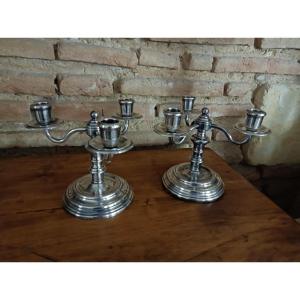 Pair Of Three-branch Silver-plated Candlesticks By Christofle, Albi Model