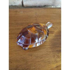 Lalique France Clear Crystal And Amber Turtle Model Caroline