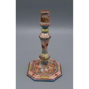 Candlestick In Enamelled Silver, Vienna Enamel, Romantic Scenes, Austria, XIXth